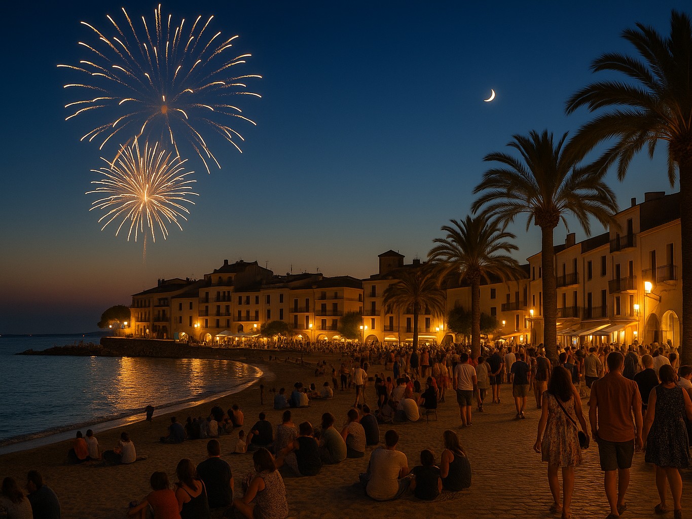 Imagen de alta resolución que muestra una escena festiva en la Costa Brava durante la noche de Sant Joan. Se observan fuegos artificiales en el cielo despejado, una playa llena de personas disfrutando del evento y un paseo marítimo iluminado con palmeras y edificios de arquitectura mediterránea. La atmósfera es cálida, alegre y veraniega, ideal para representar la temporada alta de alquiler vacacional.